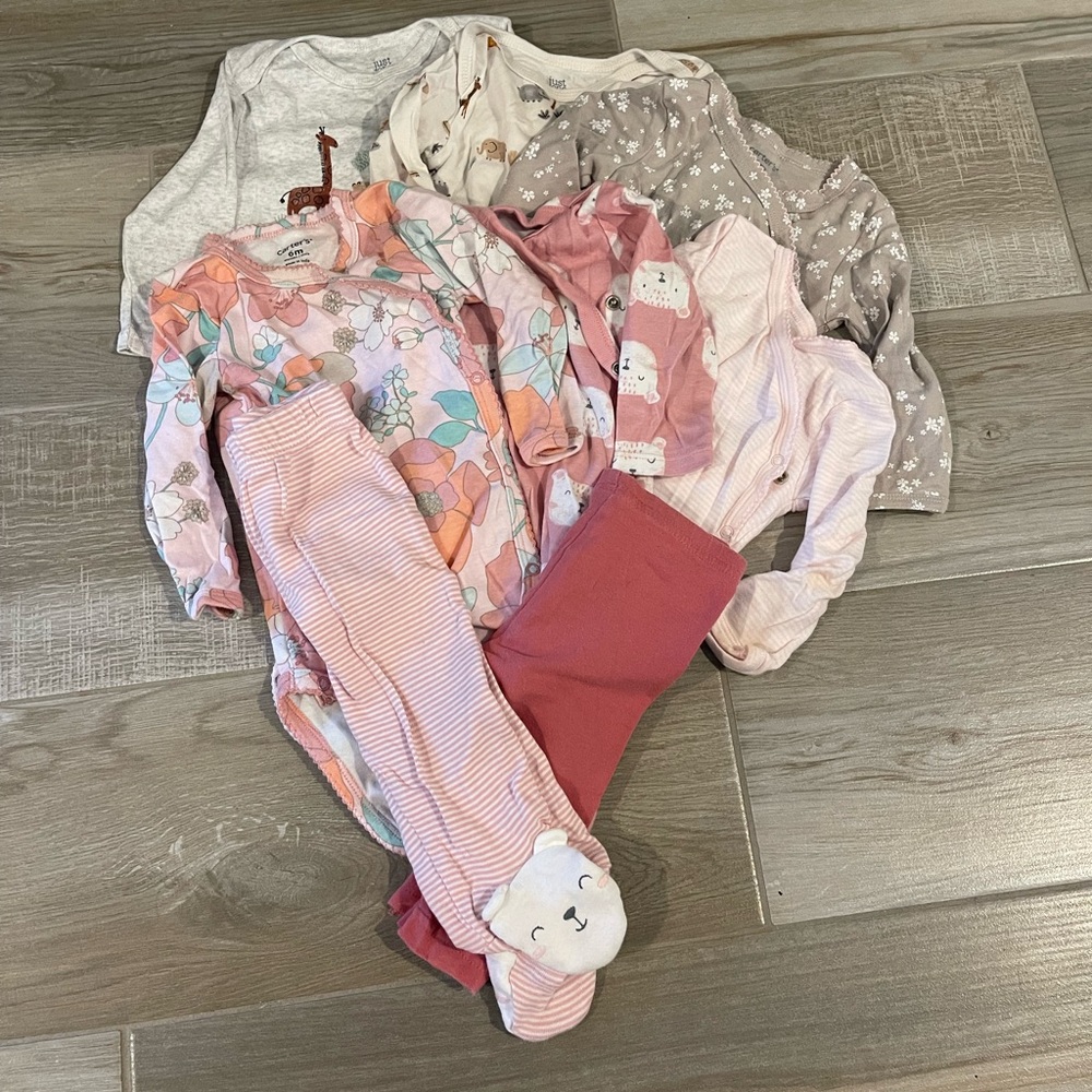 LOT- 6 month- 6 long sleeve onesies, 2 pants